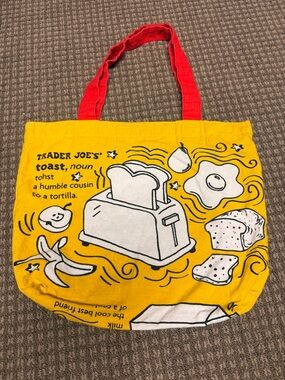 Trader Joe's Yellow Breakfast Toast Graphic Tote with Red Handles